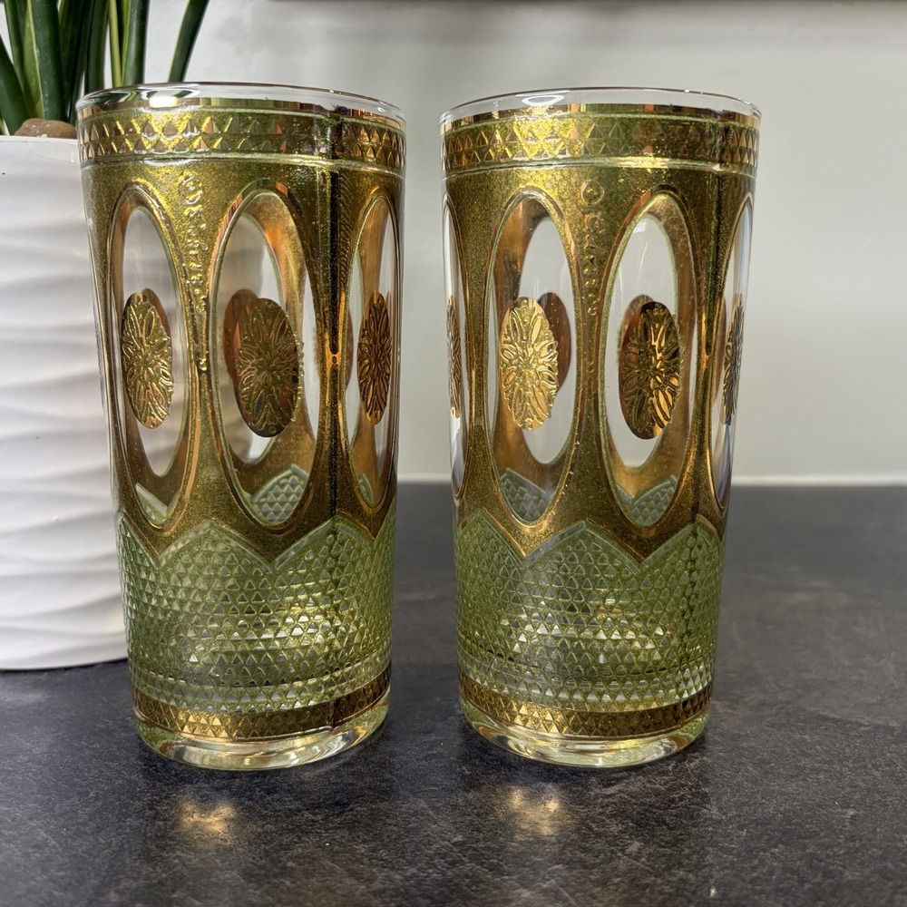 Culver Green Regency MCM Gold Glass High Ball Drinking Glasses Set Of 2 EUC